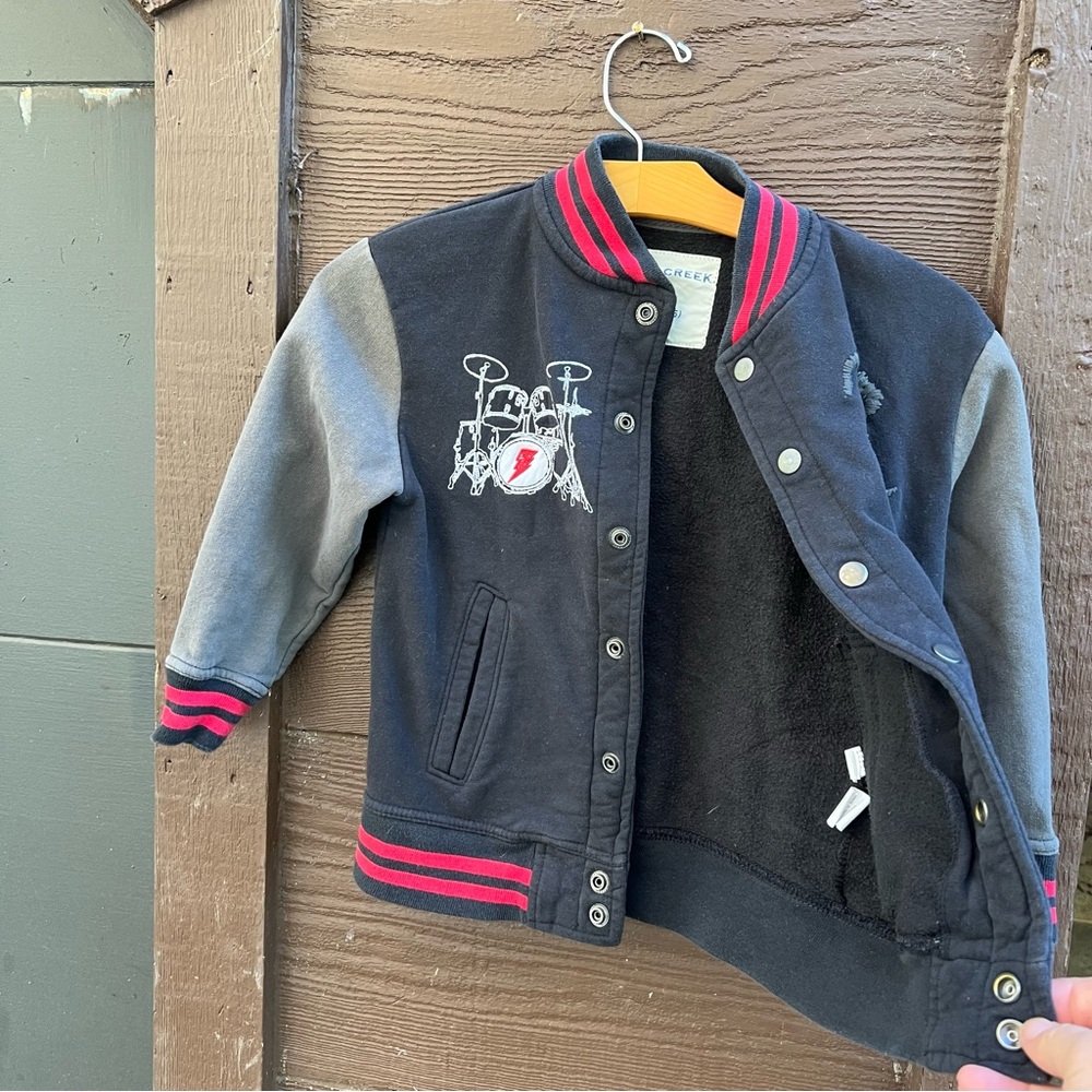 Drummer Rock n Roll Kids Black and Gray Varsity Jacket with Red Accents - Picture 6 of 7
